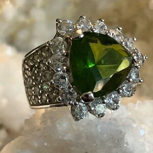 Charles Winston Chunky 90s 925 Silver Trillion Cut Simulated Emerald and CZ Ring